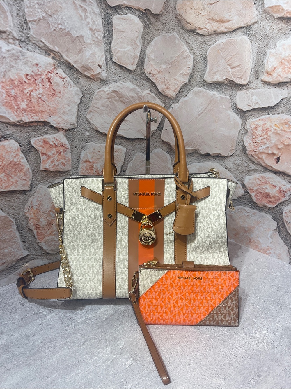 Michael Kors Nouveau Hamilton Center Stripe Satchel & Matching Wallet Clementine